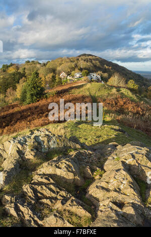 Wyche Cutting on the Malvern Hills is bathed in the golden light of sunset in Autumn from Perseverance Hill. Stock Photo