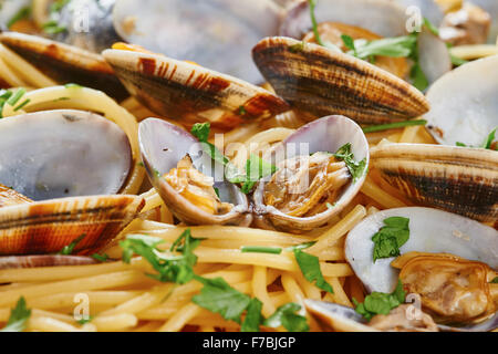 Close up of pasta with steamed clams Stock Photo