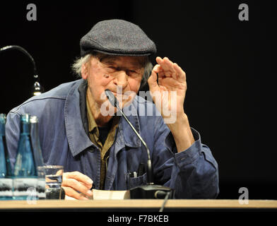 Berlin, Germany. 26th Nov, 2015. 92-year-old Lithuanian film director and writer Jonas Mekas attends an event entitled 'Dictonary of Now #1' at the House of the World's Cultures in Berlin, Germany, 26 November 2015. Mekas who is based in New York, USA, presented his new book 'Scrapbook of the Sixties' and showed some of his movies. Photo: ROLAND POPP/dpa - NO WIRE SERVICE -/dpa/Alamy Live News Stock Photo