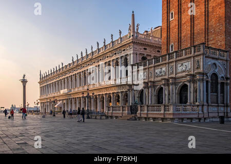 Venice, Italy, Piazzetta di San Marco, Biblioteca Nazionale Marciana, National Library & granite column of St Theodore Stock Photo