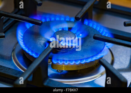 Gas flame on hob double burner Stock Photo