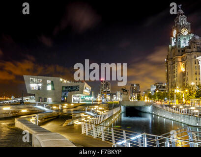 Liverpool's Royal Liver Building at night, Pier Head, Merseyside, England, United Kingdom, Stock Photo