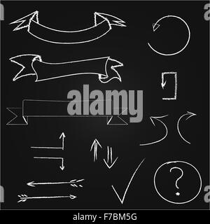 Arrows and banners set. Hand drawn chalk on blackboard. Eps10. Stock Vector