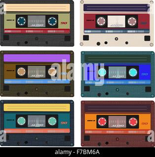 Collection of vector retro audio cassettes. Set of different colorful music tapes. Isolated on white background. Vector art eps10 Stock Vector
