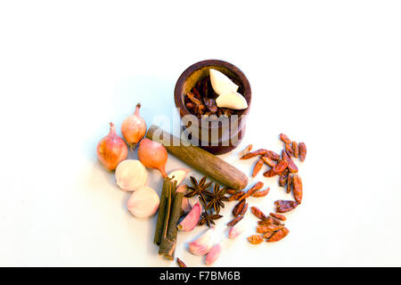 Pestle and Mortar and spices (dry chillies, Garlic, onions,anisered,cinnamon) on a white background Stock Photo