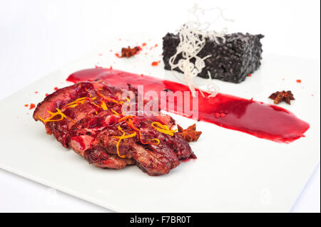 Steak Ribeye on white plate Stock Photo