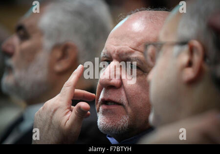 Tehran, Iran. 28th Nov, 2015. Iranian Oil Minister Bijan Namdar Zangeneh attends the Tehran conference in Tehran, capital of Iran, Nov. 28, 2015. Iran's Oil Ministry unveiled a new model of oil contracts here on Saturday to attract foreign investments in oil sector in the post-sanction era. The newly developed model of oil contracts, dubbed as Iran Petroleum Contract (IPC), are designed to help the country attract finance from Asian and European investors, Iranian Oil Minister Bijan Namdar Zanganeh said in a conference. Credit:  Ahmad Halabisaz/Xinhua/Alamy Live News Stock Photo