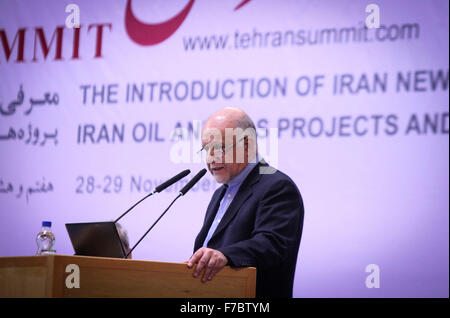 Tehran, Iran. 28th Nov, 2015. Iranian Oil Minister Bijan Namdar Zangeneh speaks during the Tehran conference in Tehran, capital of Iran, Nov. 28, 2015. Iran's Oil Ministry unveiled a new model of oil contracts here on Saturday to attract foreign investments in oil sector in the post-sanction era. The newly developed model of oil contracts, dubbed as Iran Petroleum Contract (IPC), are designed to help the country attract finance from Asian and European investors, Iranian Oil Minister Bijan Namdar Zanganeh said in a conference. Credit:  Ahmad Halabisaz/Xinhua/Alamy Live News Stock Photo