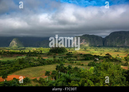 Farmhouse, farmer's cottage, barn for drying tobacco leaves, tobacco fields and the mountains of Mogotes, Viñales Valley with ka Stock Photo