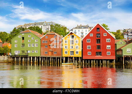 Colorful historic storage houses in Trondheim, Norway Stock Photo