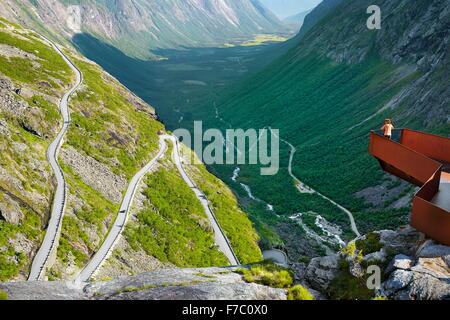 Tourist on the viewing platform, Trollstigen high mountain road, Norway Stock Photo