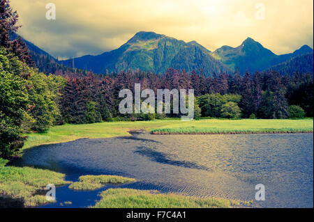 Scenic view of estuary and mountains near the Starrigavan River's mouth, Tongass National Forest,  Sitka, Alaska, USA Stock Photo