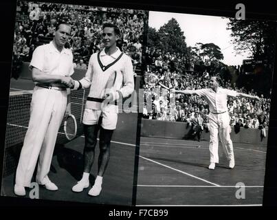 1958 - Davis Cup South Africa versus Germany: The present Davis Cup Elimination bouts are taking place on the unique playing-grounds of the Berlin Tennis Club Grounds ''Rot-Weies''. The result of the bouts will decide whether or not South Africa or Germany will take place in the final bouts.The Opening bout marked a pretty good success for German player Gottfried von Cramm who beat Russell Seymour (South Africa) 6:1; 6:2; 7 and 1:0. Photo shows (Left): Russelll Seymour (in shorts), South Africa, seen with Gottfried von Cramm (Germany), on the playing grounds of the ''Rot-Weisa'' - stadium, in Stock Photo