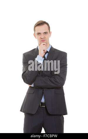 body language. man in business suit isolated on white background. stroking the chin, Stock Photo