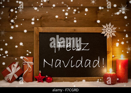 Card, Blackboard, Snowflakes, Feliz Navidad Mean Merry Christmas Stock Photo