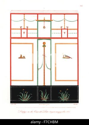 Trompe l'oeil wall painting with vignettes, skirting, cornice, column, and mask from the House of the Tragic Poet, Casa del Poeta Tragico, Pompeii, excavated 1828. Handcoloured lithograph by Berth after an illustration by Wilhelm Zahn from his Ornament of All Classical Art Eras, Ornamente aller klassischen Kunst-Epochen, Reimer, Berlin, 1834. Stock Photo