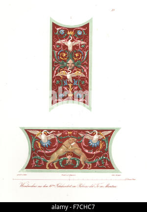 Wall paintings of swans, lions, foliage and masks from the Palazzo del Te, Mantua, Italy, 16th century. Handcoloured lithograph by Konter after an illustration by Wilhelm Zahn from his Ornament of All Classical Art Eras, Ornamente aller klassischen Kunst-Epochen, Reimer, Berlin, 1834. Stock Photo