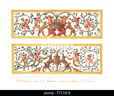 Wall paintings of cupids, tigers, goats, grapes and roses from the Casino, Palazzo del Te, Mantua, Italy, 16th century. Handcoloured lithograph by Konter after an illustration by Wilhelm Zahn from his Ornament of All Classical Art Eras, Ornamente aller klassischen Kunst-Epochen, Reimer, Berlin, 1834. Stock Photo