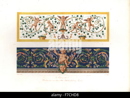 Wall paintings with cupids, grapes, barrels and foliage from the Casino, and mural with cupid, birds, mask and foliage from the Palace, Palazzo del Te, Mantua, 16th century. Handcoloured lithograph by Dettmers after an illustration by Wilhelm Zahn from his Ornament of All Classical Art Eras, Ornamente aller klassischen Kunst-Epochen, Reimer, Berlin, 1834. Stock Photo