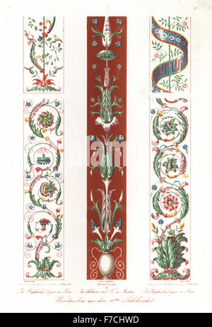 Wall paintings of the 16th century: foliage patterns from Raphael's Rooms in the Vatican, Rome, (left and right), and vase and flowers from the Palazzo del Te, Mantua. Handcoloured lithograph by Strauss after an illustration by Wilhelm Zahn from his Ornament of All Classical Art Eras, Ornamente aller klassischen Kunst-Epochen, Reimer, Berlin, 1834. Stock Photo