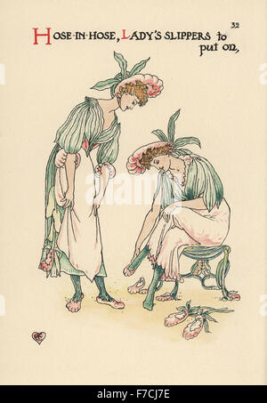 Flower fairies of lady's slipper orchids, Cypripedium calceolus, depicted as women trying on flower shoes. Chromolithograph after an illustration by Walter Crane from A Flower Wedding, Cassell, London, 1905. Stock Photo