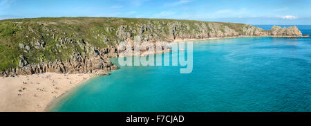 Panorama of Porthcurno Beach seen from Minack Open Air Theatre, Cornwall, England, UK Stock Photo
