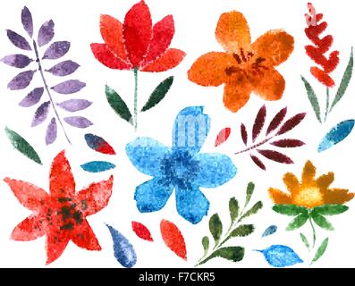 set of handpainted watercolor vector flowers and leaves. floral decorative elements Stock Vector