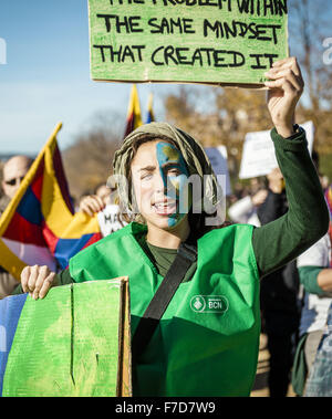 Nov. 29, 2015 - Barcelona, Catalonia, Spain - A protestor against global warming holds her placard during a protest in Barcelona ahead of the 'COP 21' negotiations in Paris (Credit Image: © Matthias Oesterle via ZUMA Wire) Stock Photo