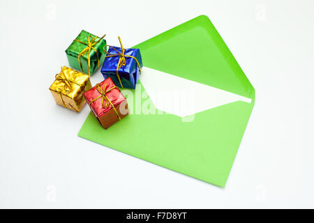 green open christmas card with presents Stock Photo