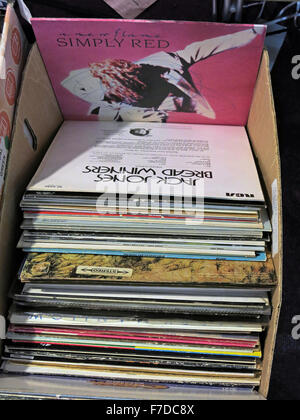 Box of old LP 12' Vinyl Records, local market England Stock Photo