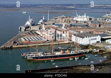 Birds eye view of Portsmouth naval dockyard Hampshire UK Stock Photo