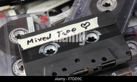 An old mixed tape found amongst a pile of audio cassettes. Stock Photo