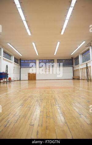 elementary school gym indoor with volleyball net Stock Photo