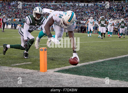 East Rutherford, Florida, USA. 29th Nov, 2015. Miami Dolphins wide receiver Jarvis Landry (14) stretches for a touchdown as New York Jets cornerback Darrin Walls (26) defends at MetLife Stadium in East Rutherford, New Jersey on November 29, 2015. Credit:  Allen Eyestone/The Palm Beach Post/ZUMA Wire/Alamy Live News Stock Photo