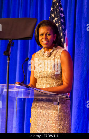 Michelle Obama giving a speech Stock Photo