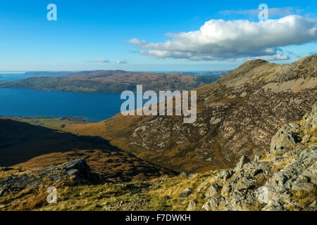 Loch na Keal from the north west ridge of Beinn nan Gabhar, Isle of Mull, Argyll & Bute, Scotland, UK. Beinn A' Ghràig at right. Stock Photo