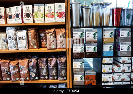 West Palm Beach Florida,Starbucks Coffee,interior inside,shelf shelves,ground,display sale case,FL150903008 Stock Photo