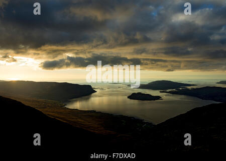 The islands of Eorsa & Ulva over Loch na Keal, from the west top of Beinn a' Ghràig, Isle of Mull, Argyll & Bute, Scotland, UK Stock Photo