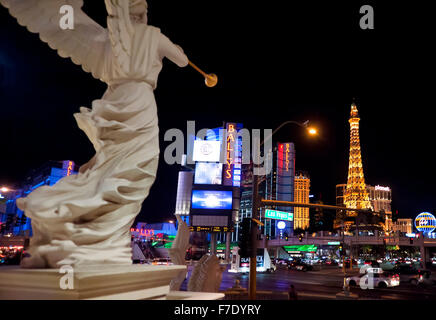 Las Vegas skyline from Caesars Palace with trumpeting angel sculpture in the foreground Stock Photo