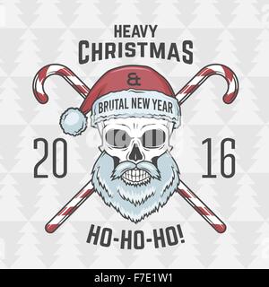 Bad Santa Claus biker with candies print design. Vintage Heavy metal Christmas portrait. Rock and roll 2016 new year t-shirt illustration. Stock Vector
