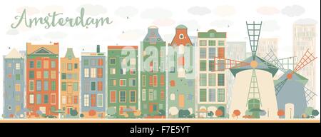 Abstract Amsterdam city skyline with color buildings. Vector illustration. Business travel and tourism concept Stock Vector