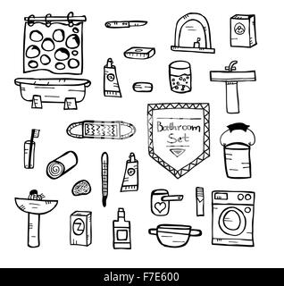 Set of bathroom equipment. Vector illustration. Concept with objects isolated on white background. Hand drawn doodle icons set. Stock Vector