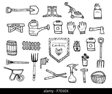 Collection of garden doodle sketch elements on white background. Vector illustration. Stock Vector