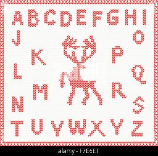 Christmas Knitted Font with Deer in red color. Vector illustration. Christmas concept for banner, placard, billboard or web site Stock Vector