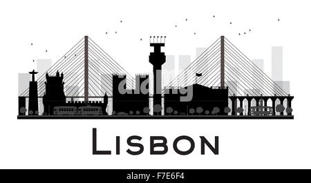 Lisbon City skyline black and white silhouette. Vector illustration. Simple flat concept for tourism presentation, banner Stock Vector