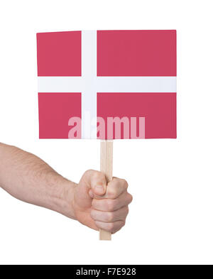 Hand holding small card, isolated on white - Flag of Denmark