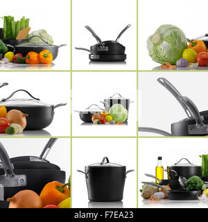 cooking theme collage composed of different images of pots and vegetables on white back Stock Photo