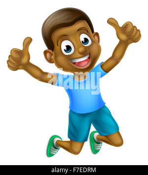 A happy cartoon young black boy jumping for joy with two thumbs up Stock Photo