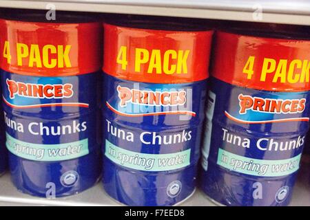 tins of Princes Tuna Chunks in a supermarket Stock Photo
