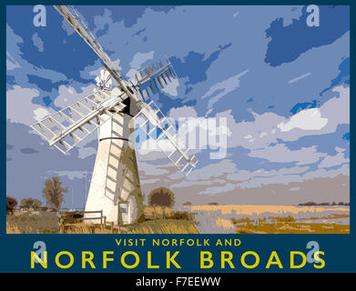 A poster style interpretation of Thurne Dyke Dranage Mill,  Thurne, The Broads National Park, Norfolk, England, UK Stock Photo